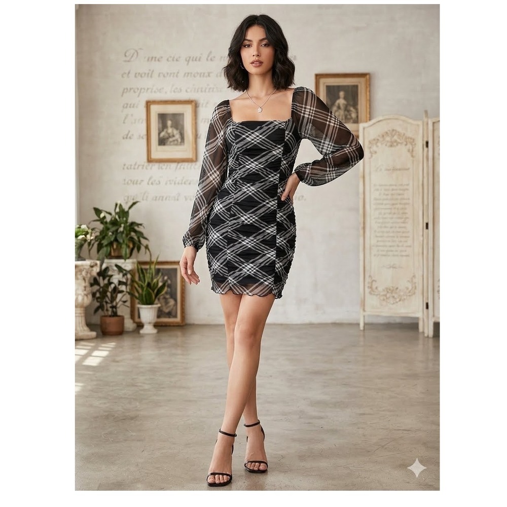 Almost Famous Black White Plaid Ruched Mesh Bodycon Mini Dress Square Neck Small